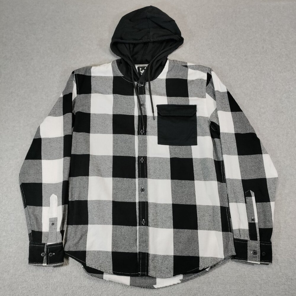 WXYZ MFG Co Hooded Flannel Shirt Men Large Black White Plaid